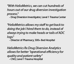 These are quotes on HelioMetrics Rx Drug Diversion by Hospitals. "With HelioMetrics, we can cut hundreds of hours out of our drug diversion investigation process." - Drug Diversion Investigator, Level 1 Trauma Center "HelioMetrics allows my staff to get back to doing the job I hired them to do, instead of always trying to make heads or tails of ADC logs." - Director of Pharmacy, 500+ Bed Hospital HelioMetrics Rx Drug Diversion Analytics allows for better “operational efficiency for quality and patient safety” - CNO, Level 1 Trauma Hospital